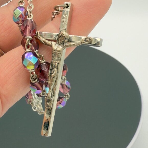 Vintage Amethyst Purple Aurora Borealis Crystal Rosary Beads Catholic Mary - Picture 9 of 12